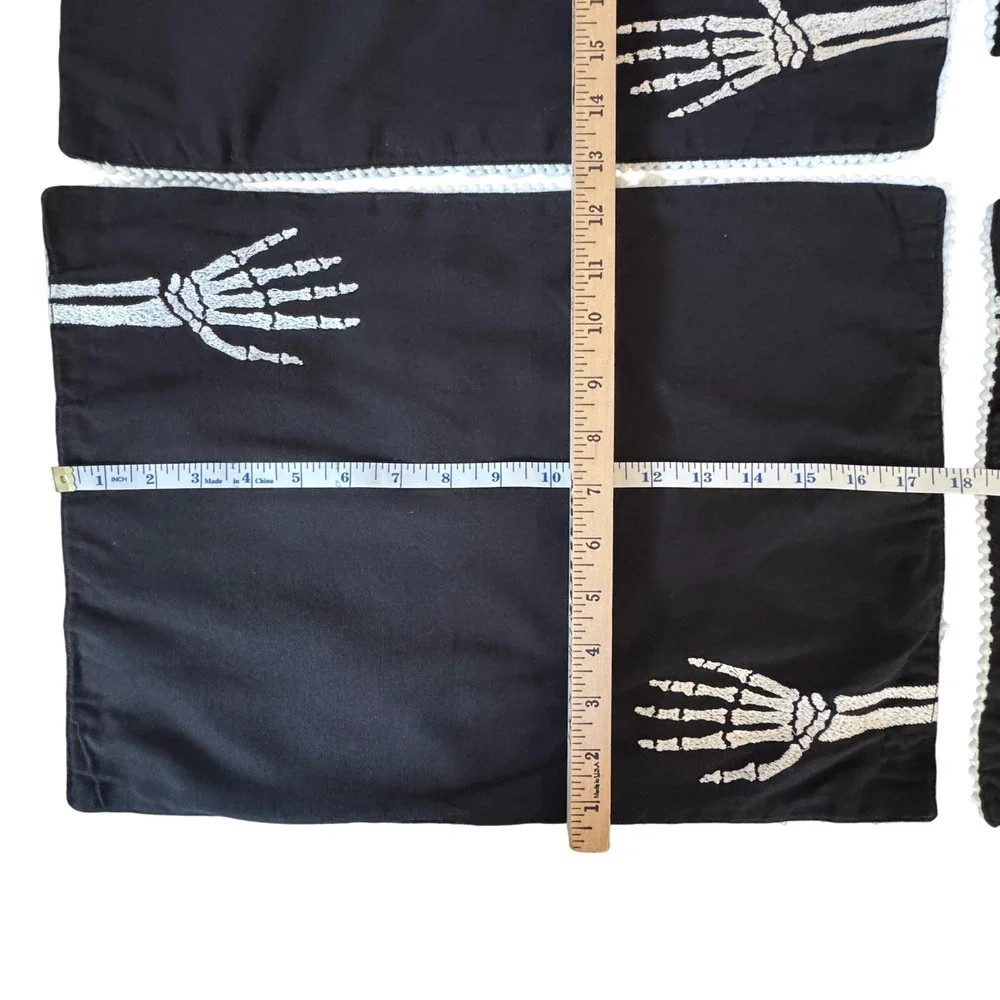 Max Studio Home Skeleton Hand Placemats Set 4 Black Cotton Halloween Goth Spooky